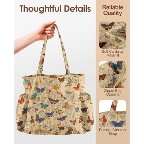 Miss Adola Large Corduroy Tote Bag for Women with Zipper | Zipper Closure, Multi-Pocket Storage, Large Shoulder Bag, Reusable School Tote, Cute Design for Work and Travel