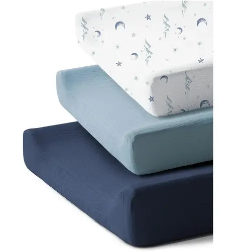 3 Pack Muslin Cotton Changing Pad Covers for Girl, Boy, 100% Soft Changing Table Cover, Breathable Baby Nursery Diaper Chang Pad Sheets (Nightfall Blue)