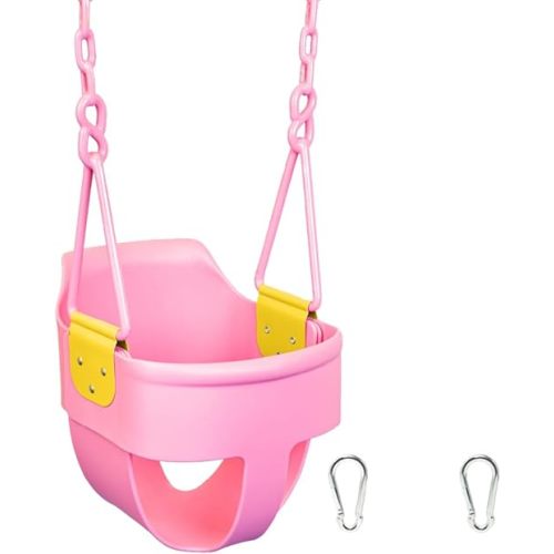 Premium High Back Full Bucket Toddler Swing Seat with Finger Grip, Plastic Coated Chains for Safety and Carabiners for Easy Install - Pink - Squirrel Products