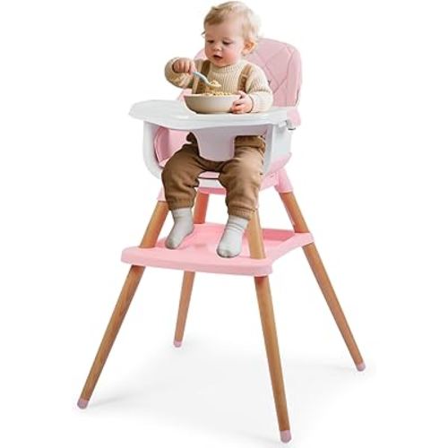 Kinder King 7 in 1 Baby High Chair for Babies and Toddlers with Large Storage Footrest, Booster Seat, Convertible Wooden High Chair with 3-Depth Double Dishwasher Safe Tray, 5 Point Harness, Pink