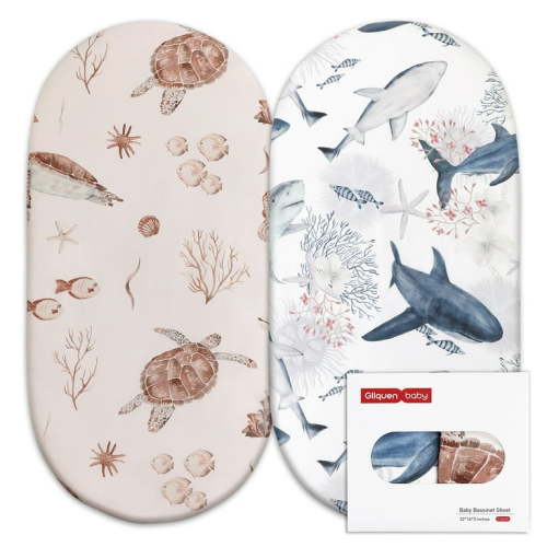 Gllquen Baby Bassinet Crib Sheets Set, Breathable Cozy Fitted Mattress Sheet, Elastic Travel Crib Fashionable Floral Pattern, Standard Cradle Safe Sheets for Baby Boy Girls 32"X16", Turtles