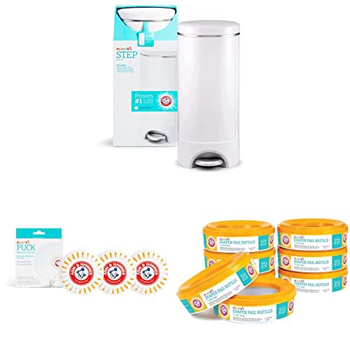 Munchkin® Step™ Diaper Pail Powered by Arm & Hammer, #1 in Odor Control, Award-Winning, Includes 1 Snap, Seal & Toss™ Bag, 8 Refill Rings, 1 Starter Refill Ring, and 4 Puck™ Baking Soda Cartridges