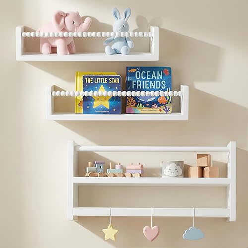 Nursery Floating Book Shelves, Wall Mounted Shelf with Towel Bar for Kids Room, Nursery Wall Shelves Set of 3 - Rustic Bookshelf Organizer for Baby Books & Toys,White
