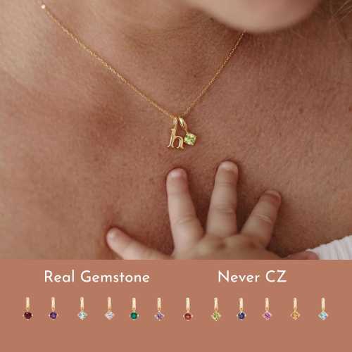 Kids Birthstone Necklace with Initial: Personalized Family Necklace, 14k Gold Plated, Mother's Day Gift