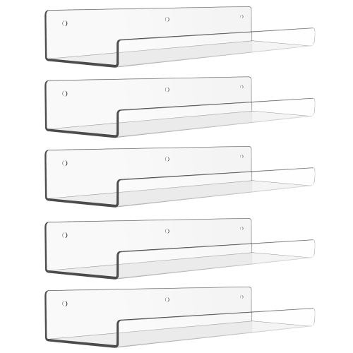 15" Acrylic Floating Shelves Wall Mounted, Upsimples 5pack Clear Acrylic Shelves, for Bedroom, Living Room, Bathroom, Kitchen