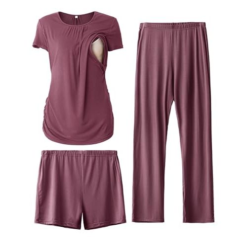 SUNNYBUY Womens Maternity Nursing Pajamas Set, Short Sleeve Breastfeeding ShirtsPregnancy Shorts & Pants 3 Piece Nursing PJS