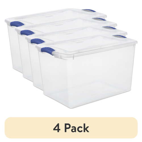 (4 pack) Sterilite 66 Quart Large Latching Storage Bin, Clear Plastic Storage Container with Latch Lid, Blue