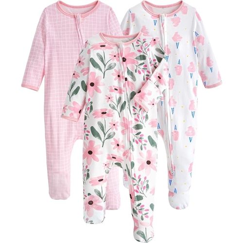 Yoofoss Baby Pajamas 100% Organic Cotton Newborn Sleepers Boys Girls Clothes, 3-Pack Soft infant Footed PJs with Mitten Cuffs, Zipper Footies Pajamas