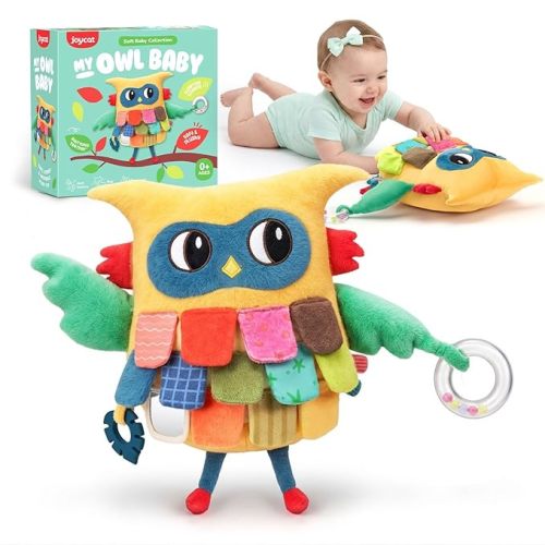 JoyCat Sensory Owl Baby Toy for 0-12 Months, 12''Soft Tummy Time Infant Toy with Multi-Textured Crinkle Feathers, Baby Mirror, Stuffed Animal Plush Montessori Gifts for Newborn Boys and Girls