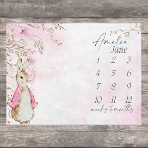 Peter Rabbit Baby Milestone Blanket, Personalized Floral Month Blanket Girl, First Year Calendar Monthly Growth Chart, Pink Baby Shower Gift