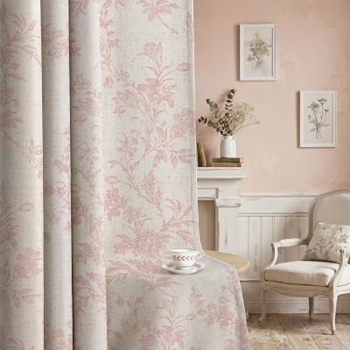 Pink Floral 100% Blackout Curtains for Bedroom 84 Inch Length 2 Panels Set, Linen Texture Farmhouse Curtains for Living Room