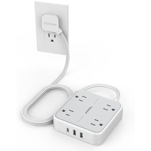 Flat Plug Surge Protector Power Strip, TESSAN 5 ft Ultra Thin Extension Cord with 3 USB Wall Charger(1 USB C Port), 4 Outlets Slim Desk Charging Station for Travel, Office, Dorm Room Essentials