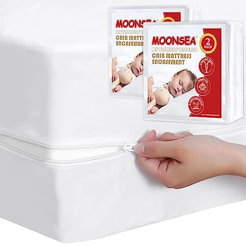 Waterproof Crib Mattress Protector Zippered 2 Pack, 6-Side Waterproof Crib Mattress Encasement, Durable Zipper, Noiseless, 28'' X 52" X 6"