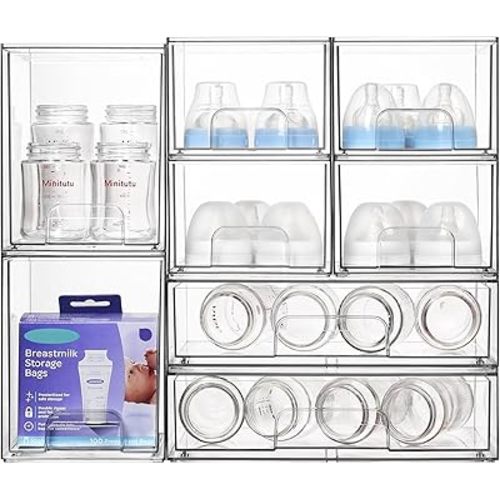 Vtopmart Stackable Storage Drawers Set of 8, Clear Plastic Organizer Bins for Bathroom Supplies,Ideal for Cabinet,Pantry,Laundry Room Organization