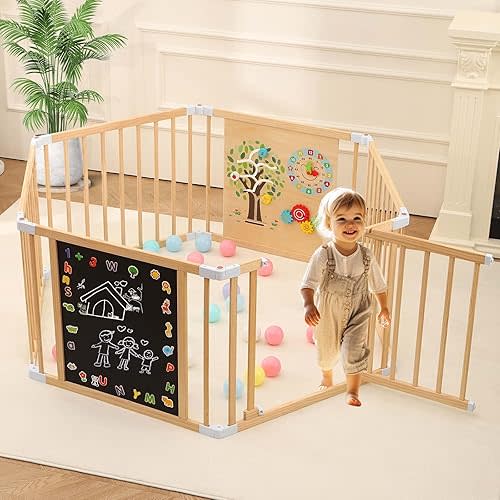 All-in-one Wood Baby Playpen with Door, Adjustable Wooden Play Fence with Magnetic Dual-Sided Chalkboard, Whiteboard & Montessori Activity Toys, Expandable Activity Center Safe Playard for Babies 3M+