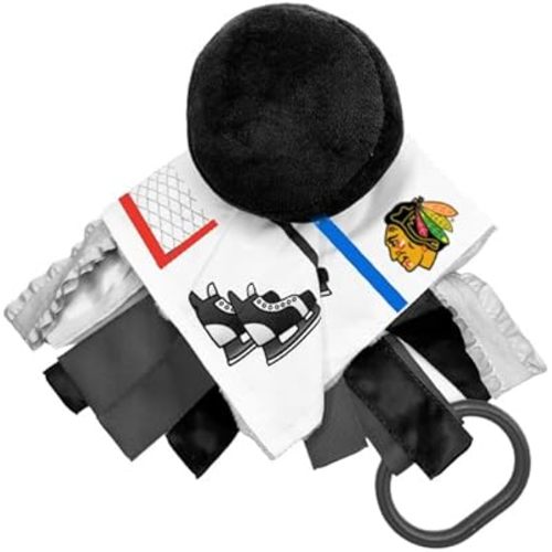 The Learning Lovey Chicago Blackhawks Baby Tag Toy - NHL Hockey Baby Sensory Crinkle Toys - Soft & Safe - Ideal Baby Stroller Toy - BPA Free w/Stroller Clip (10" x 10" Tag Toy)