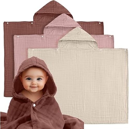 3 Pcs Muslin Hooded Baby Towels 30"x 40" Cotton Newborn Bath Towel Muslin Infant Baby Towels Absorbent Unisex Hooded Blankets Newborn Registry Baby Gift for Girl and Boy(Ivory Pink Brown)