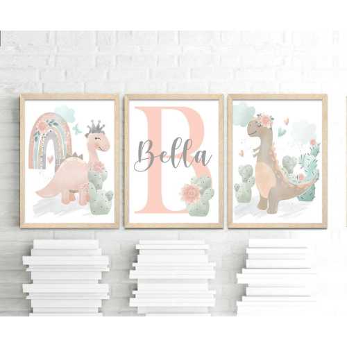 Girl Dinosaur Wall Art Set of 3 Personalized - Framed, Canvas, or Art Prints WC
