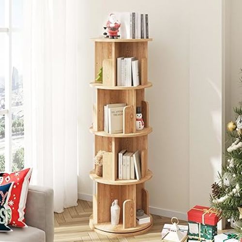 oneinmil Rotating Bookshelf, Solid Wood Bookshelf, 360° Rotating Bookcase for Small Space, Corner Bookcase for Bedroom, Living Room, Study Room, 4 Tier, Burlywood