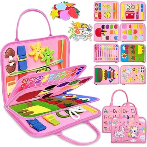 Exorany Busy Board Montessori Toys for 1 2 3 4 Year Old Girl Birthday Gifts, Busy Book Sensory Learning Toys for Toddlers 1-3 2-4, Toddler Girl Travel Educational Activities