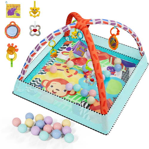Babyomi Baby Activity Gym with 18 Balls & 5 Toys, Gym Baby Playmat Foldable Tummy Time Mat for Infants 0-12Month, Blue