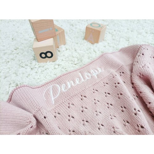 Personalised cellular baby blanket, soft first blanket with embroidered name, moses basket blanket, dusky pink knit blanket for newborn