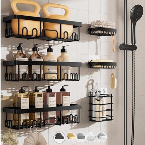 Veken Stainless Steel Shower Caddy 6-Pack, No Drilling & Rustproof, Waterproof Adhesive Shelves Rack with Soap Holder, Large Capacity Bathroom Organizers and Storage, Wall-Mounted Kitchen & Home Decor