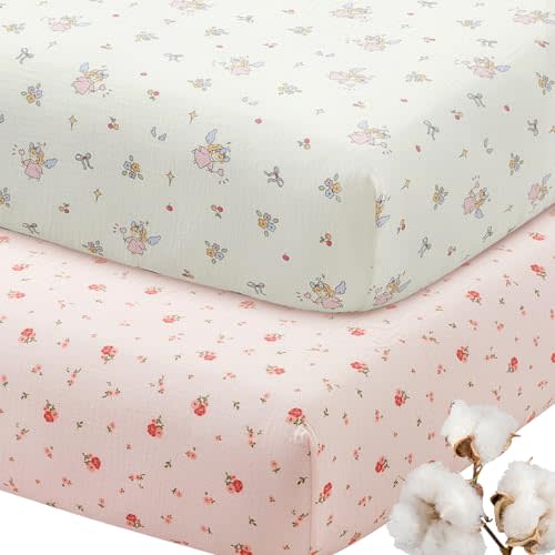 SiinvdaBZX 2 Pack Muslin Crib Sheets for Girls, Ultra Soft Cotton Breathable Fitted Baby Crib Mattress Sheets for 52"x28" Standard Toddler Mattress (Little Fairy + Flower)