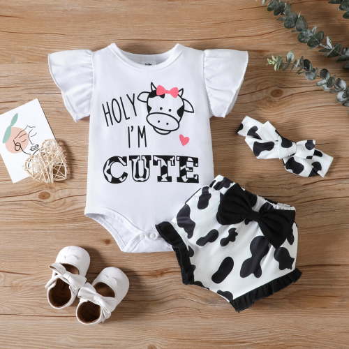 PatPat 3pcs Baby Girl 95% Cotton Letter Graphic Flutter-sleeve Romper and Bow Front Shorts & Headband Set