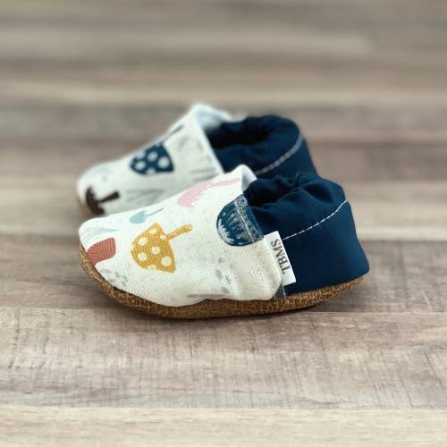 BUY 2, GET 1 FREE: Trendy Baby Moccasins - Navy Mushrooms, mushroom baby shoes, mushroom baby booties, toddler shoes, crib shoes, baby moccs