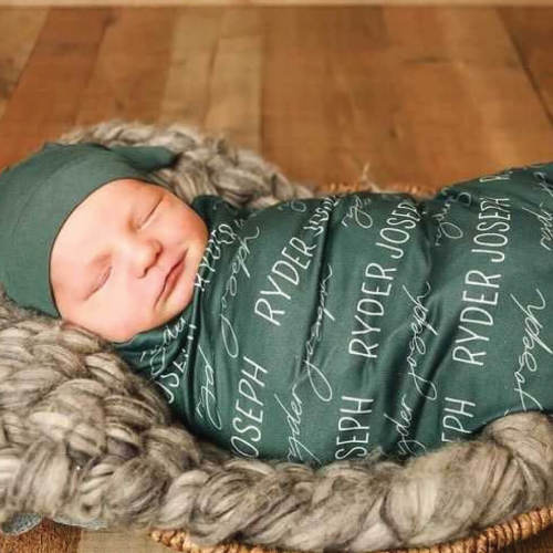 Personalized Forest Green Baby Name Swaddle Blanket - Block & Script
