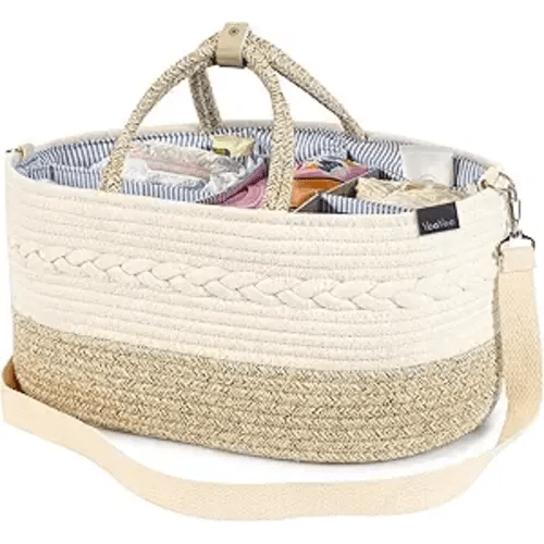 Baby Diaper Caddy Organizer, X-Large, 5 Grids, 8 Pockets, Shoulder Strap Portable Nursery Storage Basket with 2 Changeable Compartments, 100% Cotton Woven Rope Bins, Newborn Gift