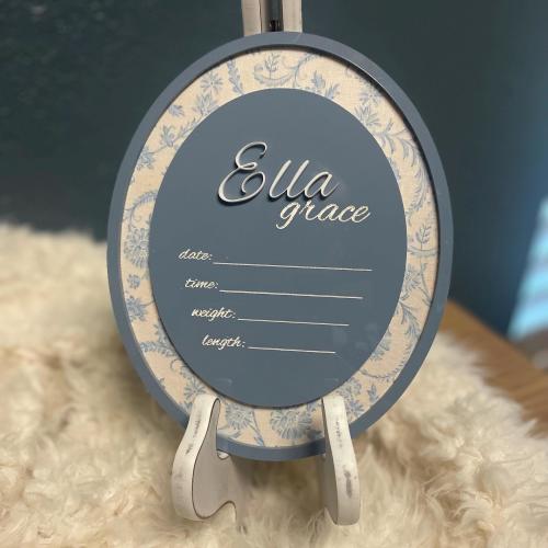 Oval Floral baby name sign Smokey Blue and White hospital sign newborn personalized baby girl announcement wood sign keepsake picture prop