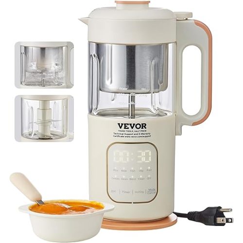 VEVOR Baby Food Maker, Baby Food Processor, SUS304 Stainless Steel 4-Blade Baby Food Puree Blender Steamer Grinder with 300 ml Glass Bowl, for Food, Fruit, Vegatable, Meat, 500W