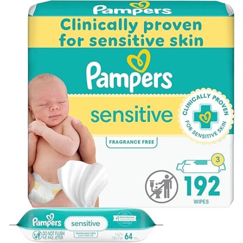 Pampers Sensitive Baby Wipes, Water Based, Hypoallergenic and Unscented, 3 Refill Packs (192 Wipes Total)