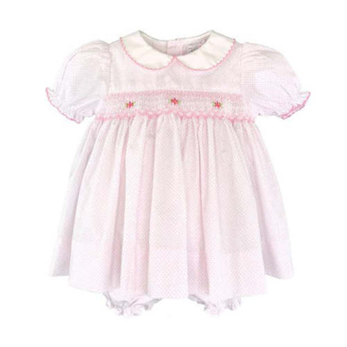 Petit Ami Girls Pink Polka Dot Smocked Dress & Bloomers Newborn 3 6 9 – Classic Baby Boutique