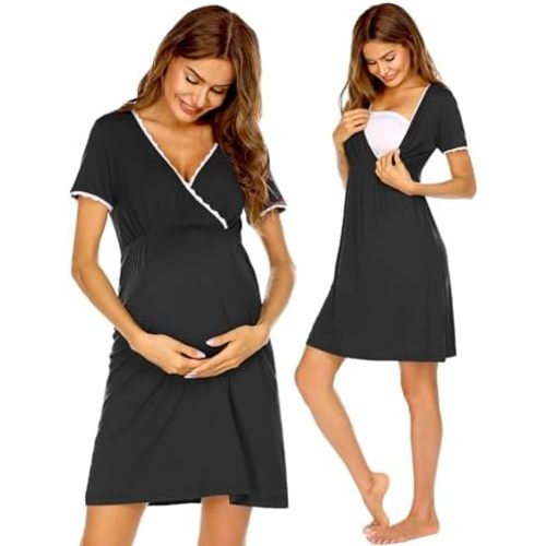 Ekouaer Nursing Nightgown Delivery and Labor Gown for Hospital Short Sleeve Maternity Breastfeeding Dress