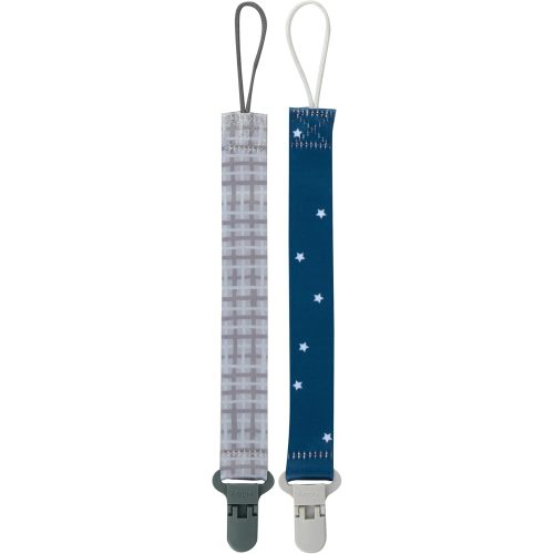 Nuby Pacifinder Baby Pacifier Clip - (2-Pack) - Pacifier Holder Clip with Convenient Hook Loop - Gray Plaid and Blue Stars