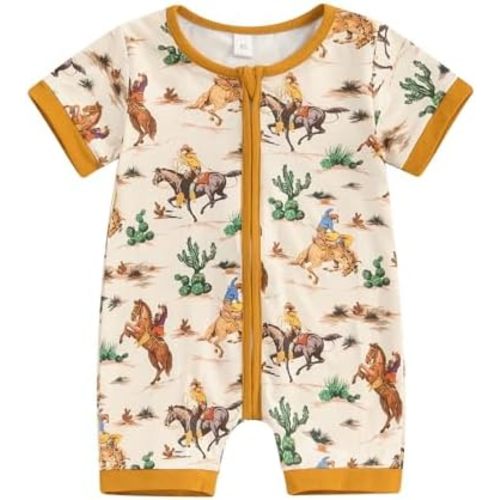 Muasaaluxi Western Baby Girl Boy Clothes Short Sleeve Cow Print Romper Zipper Bodysuit Jumpsuit Summer Clothes 0-18M