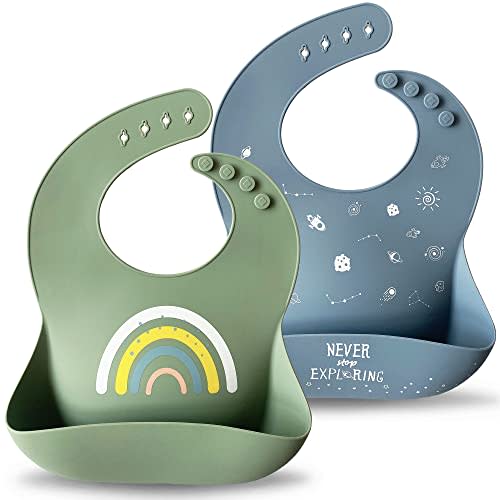 Moonkie Silicone Baby Bibs Set of 2, BPA Free Waterproof Baby Bibs for Eating, Soft Adjustable Silicone Bibs for Babies 6-12 Months, Toddler Bibs with Large Pocket Food Catcher (Tradewinds/Sage)
