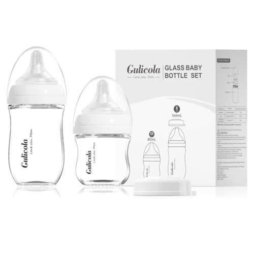 Gulicola Natural Glass Baby Bottle Newborn Set, 3 oz and 5 oz with Extra Slow Flow & Slow Flow Nipple, Anti Colic, 0-3 Months, 2 Pack - White