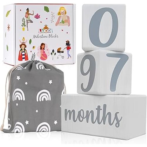 Baby Milestone Blocks Set - Natural Pine Wood Baby Age Blocks with Weeks, Months, Years, Grade - Newborn Photo Props and Keepsake, Gift-Ready Box with Storage Bag (Rainbow & Stars)