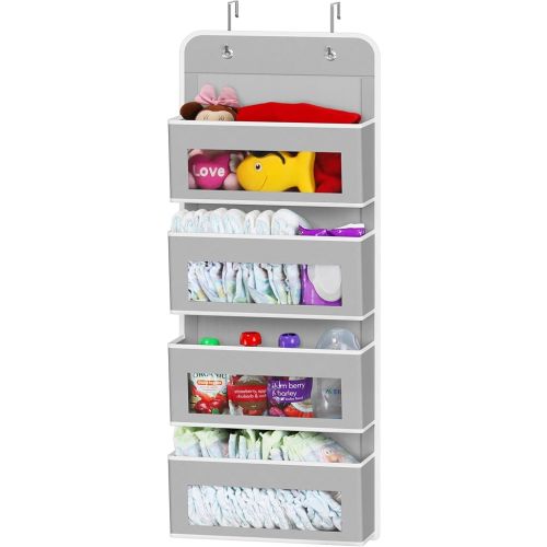 Simple Houseware 4 Clear Window Pocket Over Closet Door Storage Hanging Organizer for Bedroom, Bathroom, Pantry, Gray