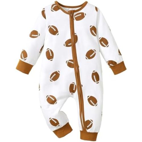 Aopwsrlyi Infant Baby Boy Football Outfit One Piece Long Sleeve Zipper Jumpsuit Newborn Boy Game Day Football Bodysuit