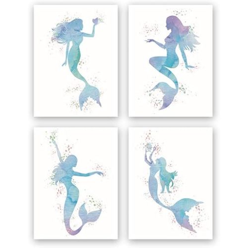 CHDITB Graceful Movement Mermaid Watercolor Art Prints, Legend of The Sea, Set of 4(8" x10") Unframed Canvas Print, Great Gift For Girls Bedroom Bathroom Home Wall Decor