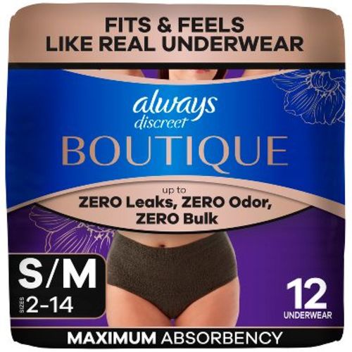Always Discreet Boutique Adult Postpartum Incontinence Underwear for Women - Black - S/M - 12ct