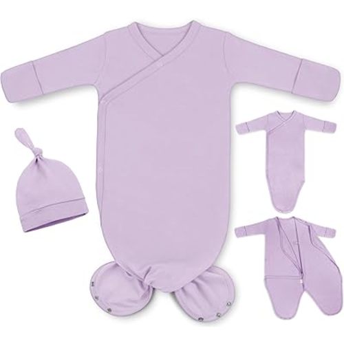 MVUOCR Knotted Baby Gown Girl 0-6 Months, Soft Cotton Newborn Gown Girls, Infant Gowns Coming Home from Hospital Outfit, Newborn Gowns Going Home Outfits with Hat Set Lavender