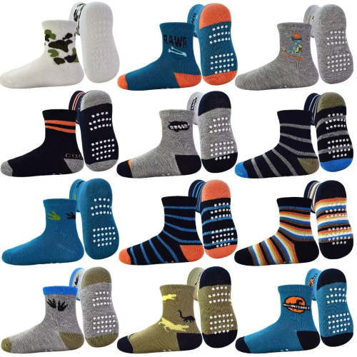 Toddler Grip Socks 12 Pairs Non Slip Baby Socks Cute Crew Anti Skid Socks for 0-7 Years Baby Boys Kids (01 Jurassic century,1-3T)