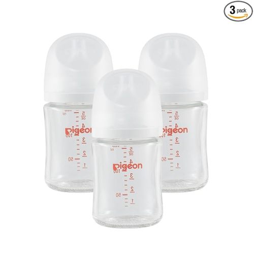 Pigeon Glass Nursing Bottle Wide Neck, Nurture & Nest, Anti-Colic, Streamlined Body, Natural Feel, Easy to Clean, Heat-Resistant, 5.4 Oz (Pack of 3), Includes 3pcs Stage 1 Nipples (0m+)