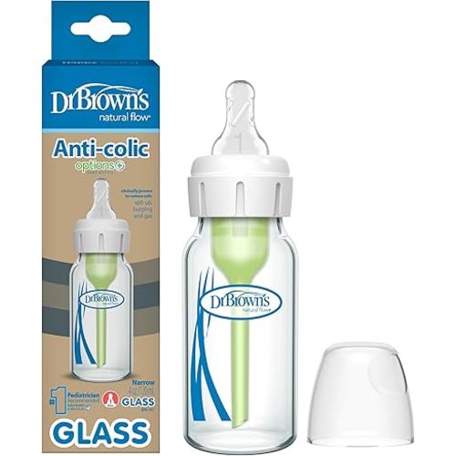 Dr. Brown's Anti-Colic Options+ Narrow Glass Baby Bottle with Level 1 Slow Flow Nipple, BPA-Free, 4 oz/120mL, 1-Pack